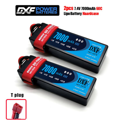 DXF Lipo Battery, SKT-TECH's 7.4V 7000mAh 60C LiPo battery, hardcase with T-plug, shark version. High-performance, durable power for RC cars and airplanes. Assembled in SKT. (25 words)
