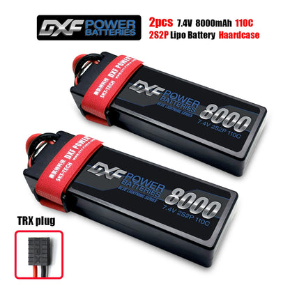 DXF Lipo Battery, Two 7.4V 8000mAh 110C 2S2P LiPo batteries from DXF POWER BATTERIES’ Blue Lightning Series feature durable hardcase design, TRX connectors, and high discharge rates for RC cars and airplanes.