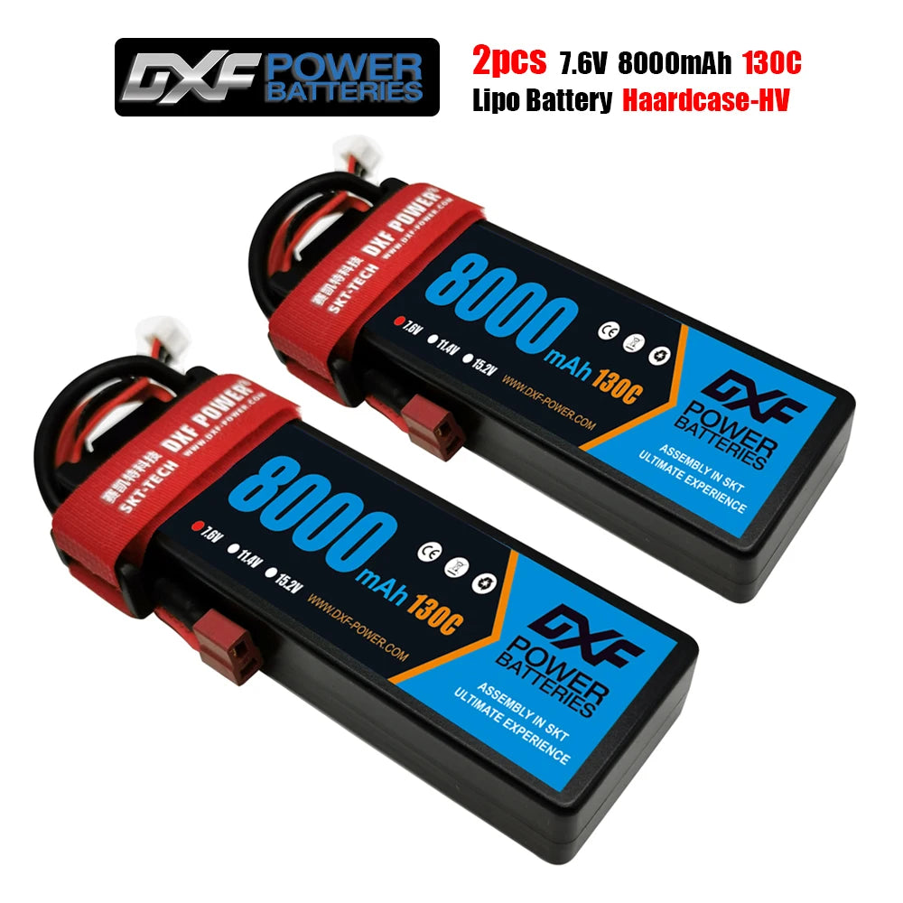 DXF Lipo Battery, Two 8000mAh 130C 7.6V HV LiPo batteries with hardcase design, ideal for high-performance RC vehicles and aircraft.