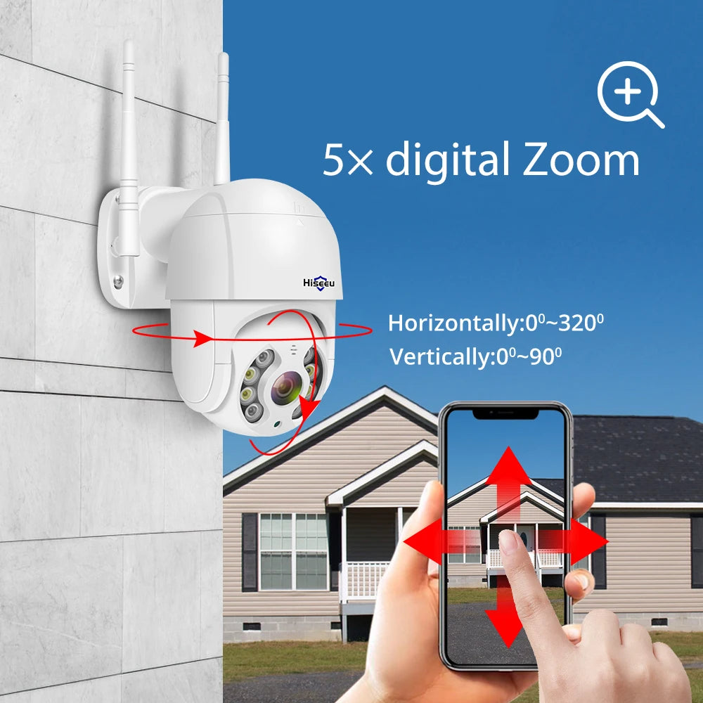 Hiseeu 1080P 2MP Camera, 5x digital zoom with adjustable angles for precise framing and capturing.