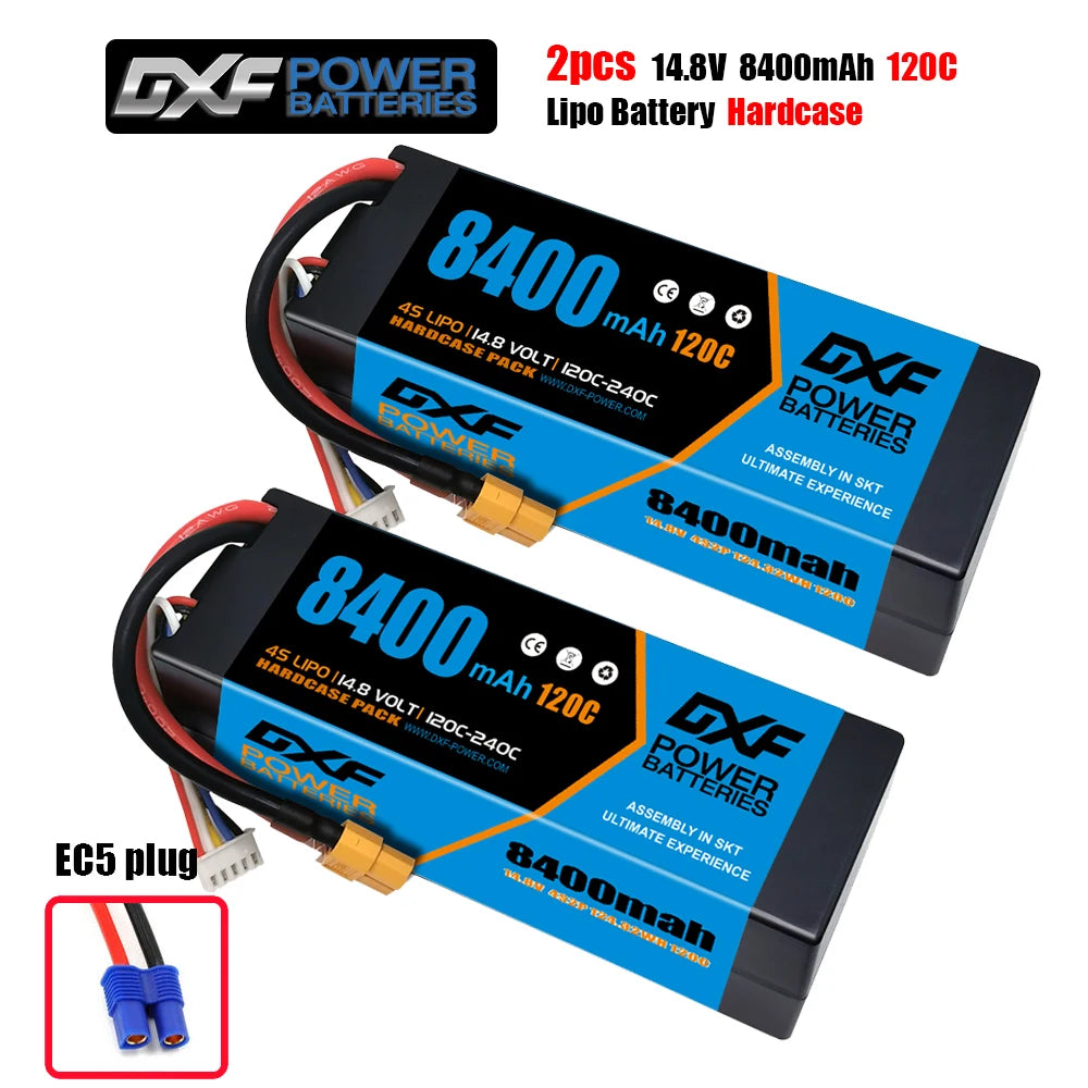 DXF Lipo Battery, Two 14.8V 8400mAh 120C 4S LiPo hardcase batteries with EC5 plugs, SKT assembly, ideal for high-performance RC cars and airplanes.