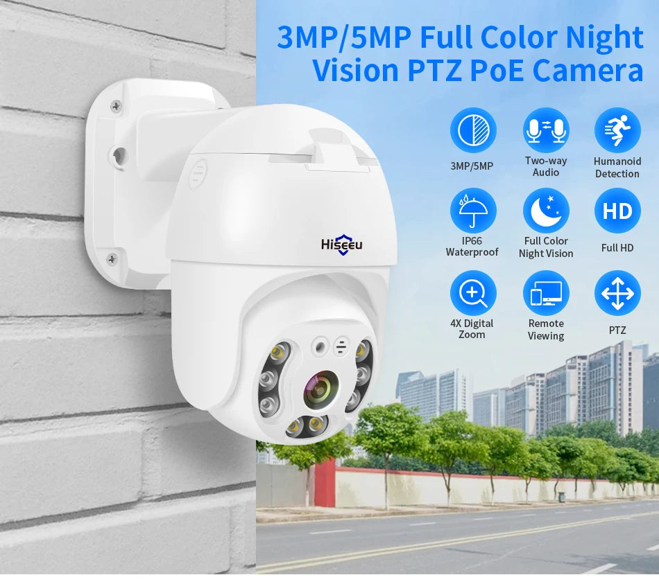 Hiseeu 3MP Camera, Full-color night vision PTZ camera with 3MP resolution, zoom, and waterproof design.