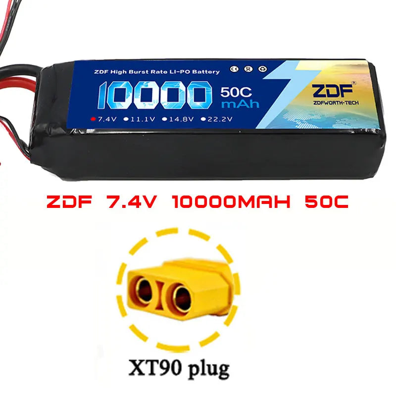 ZDF 2S 7.4V 10000mAh 50C (100C Max) Lipo Battery, 7.4V 10000mAh 50C LiPo battery with XT90 plug and 10AWG wire, high burst rate, ideal for RC cars and toys.