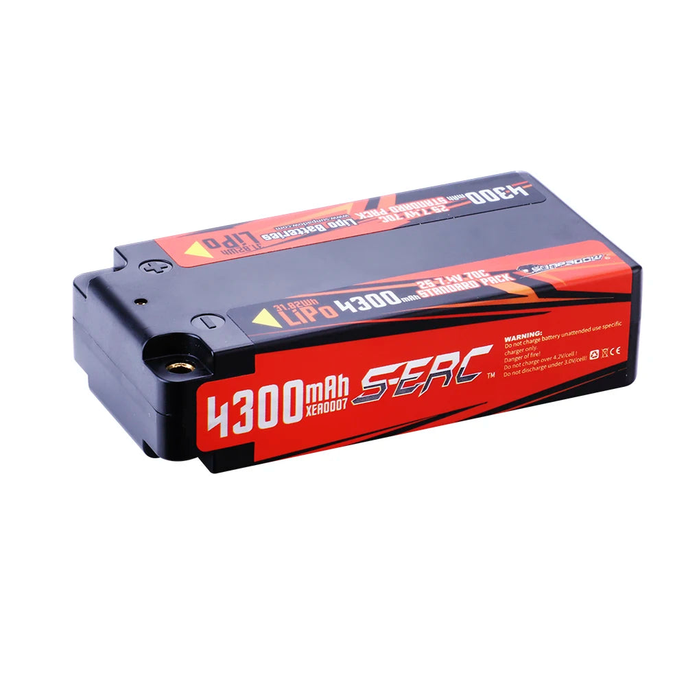 SUNPADOW 2S Shorty Lipo Battery, SERC 4300mAh 7.4V 2S 70C LiPo battery for RC vehicles, CE certified, with safety features, fire warnings, and 4mm connectors. Model XER0007. (25 words)