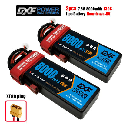 DXF Lipo Battery, DXF Power 7.6V 8000mAh 130C LiPo batteries, XT90 plug, SKT assembly, high-voltage performance. Ideal for ultimate power needs. Visit www.dxf-power.com. (24 words)