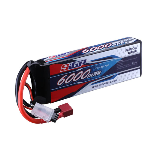 SIGP 2S 7.4V/7.6V LiPo Battery, High-performance 6000mAh 7.4V 2S 70C LiPo battery with Deans T plug, ideal for powering RC vehicles with reliable, long-lasting energy.