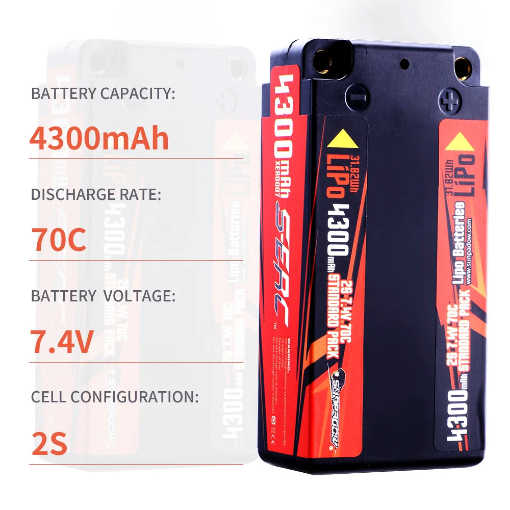 SUNPADOW 2S Shorty Lipo Battery 7.4V 4300mAh 70C Hard Case, 4mm Bullet for RC 1/10 Car Truck Buggy, 31.82Wh