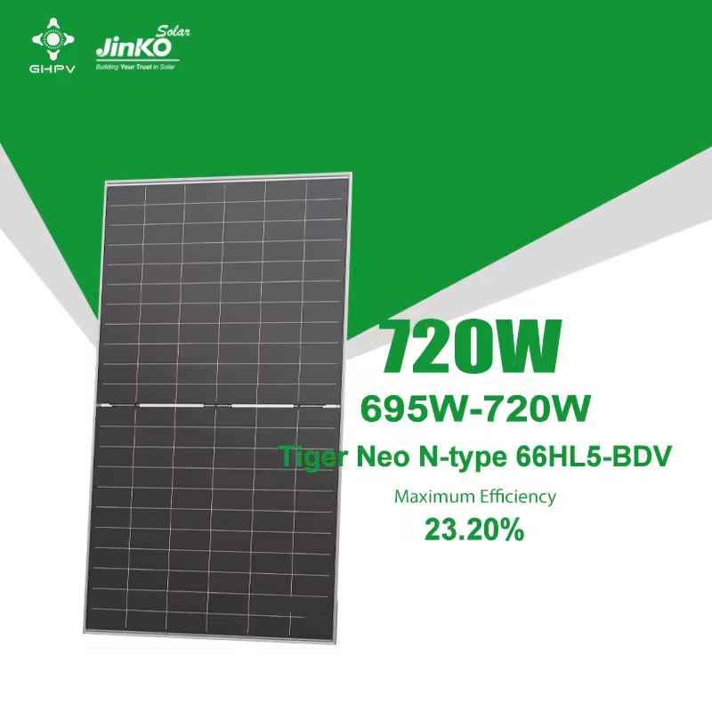 Jinko 700 Watt Solar Panel, High-efficiency solar panel with 23.20% max efficiency and 695-720W power range.