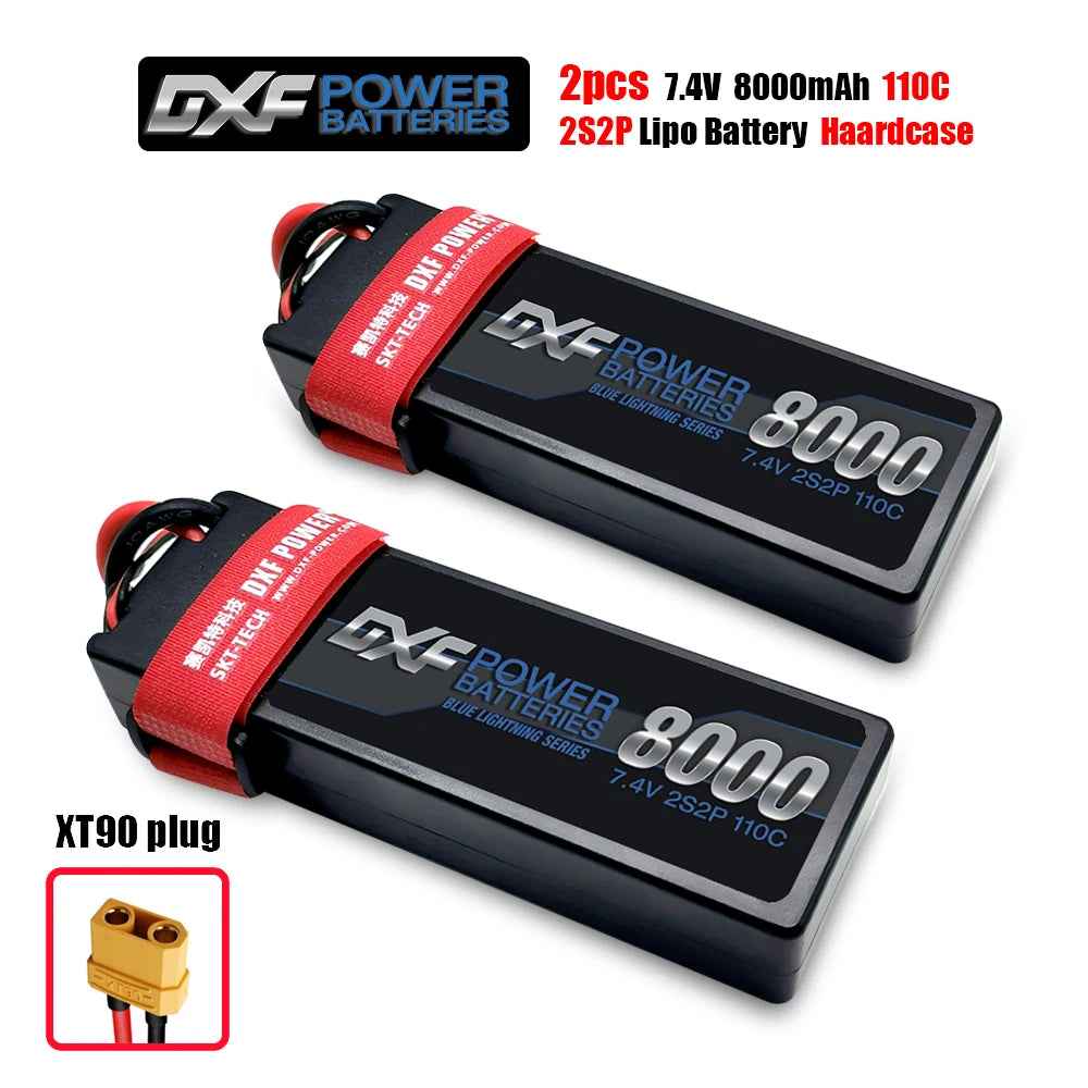 DXF Lipo Battery, Two 8000mAh 7.4V 110C LiPo batteries with XT90 connectors, ideal for RC vehicles. High discharge rate, secure red straps, branded DXF POWER SKT-TECH.
