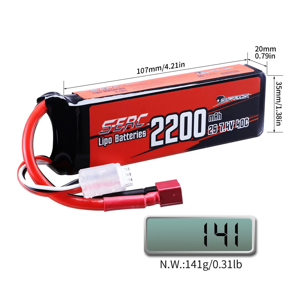 SUNPADOW 2S Lipo Battery, SERC 2200mAh 7.4V 40C LiPo battery, compact size, Deans T plug, ideal for RC vehicles and drones.