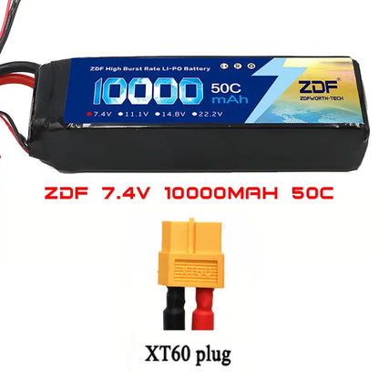 ZDF 2S 7.4V 10000mAh 50C (100C Max) Lipo Battery, 7.4V 10000mAh 50C LiPo battery with XT60 plug, high burst rate, 10AWG wire, compatible with RC cars and toys, multiple plug options.