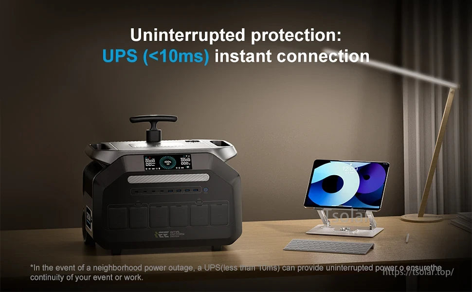 The IEETEK P2400 portable power station offers UPS protection with a 10ms switchover for seamless, uninterrupted power supply.