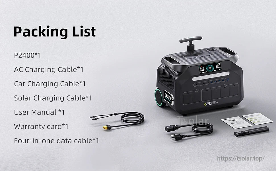 IEETEK P2400 Solar Generator includes cables, manual, warranty card, and data cable for convenient setup and use.
