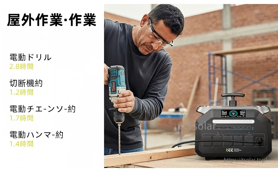 IEETEK P3200 Portable Power Station, Portable power station runs drill 2.8h, cutter 1.2h, chainsaw 1.7h, hammer 1.4h—ideal for outdoor tools. (21 words)