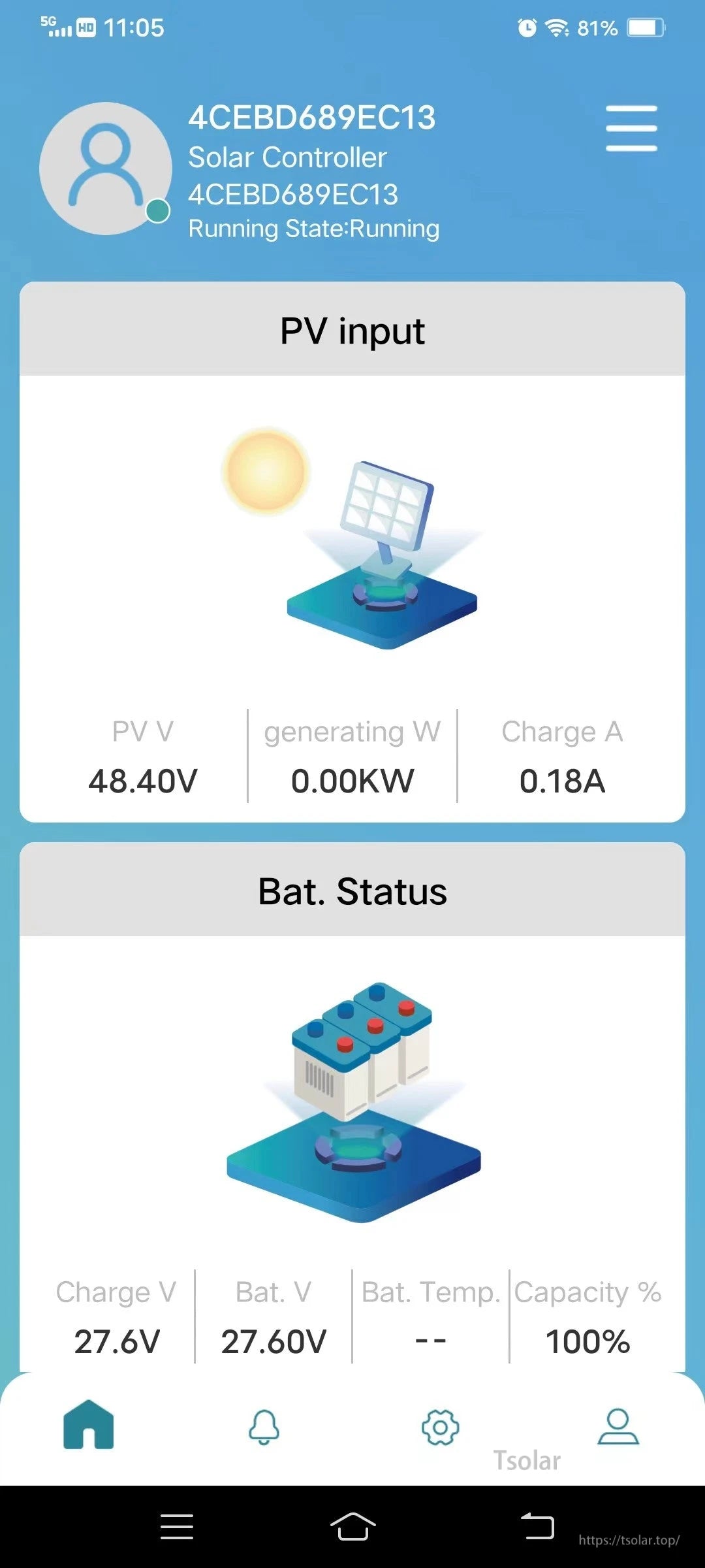 Lucky PV app monitoring screen for solar controller showing PV input voltage, generating power, and charge amps