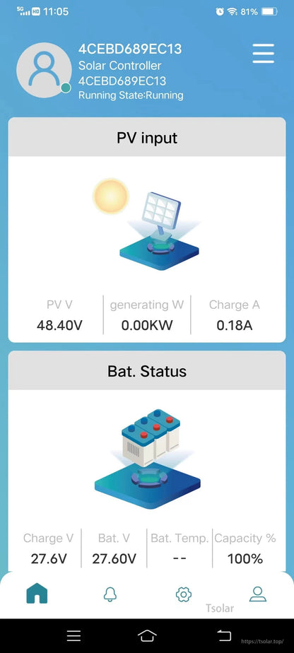 Lucky PV app monitoring screen for solar controller showing PV input voltage, generating power, and charge amps