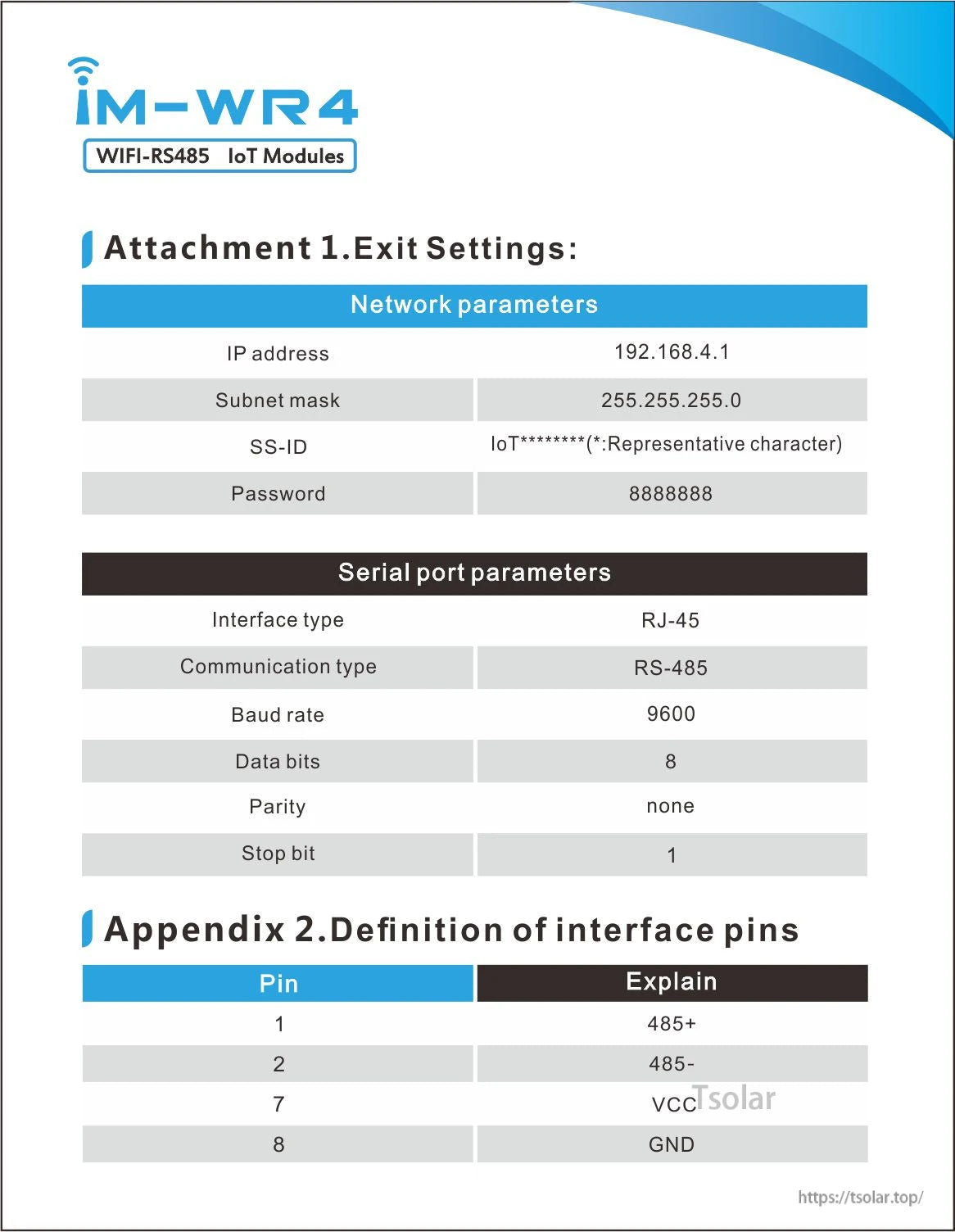 IM-WR4 WiFi-RS485 settings table showing network parameters, serial port settings, and interface pinout