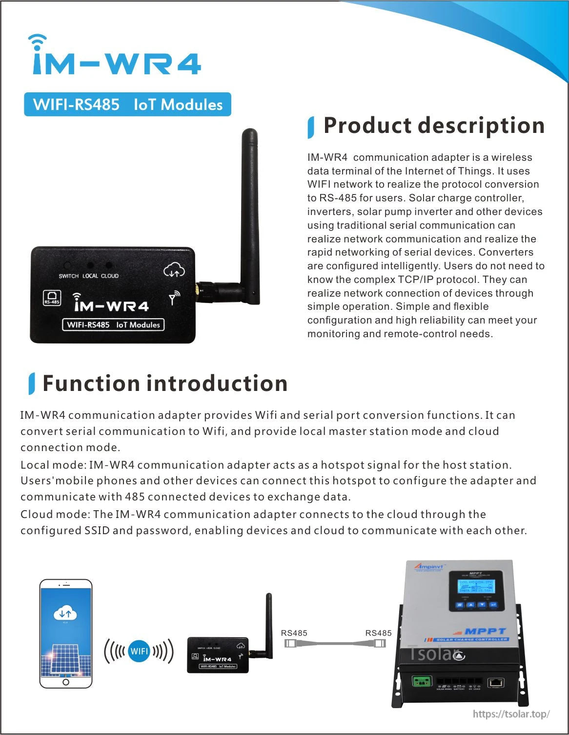 IM-WR4 WiFi-RS485 module product description sheet with RS485 connection diagram to phone and controller