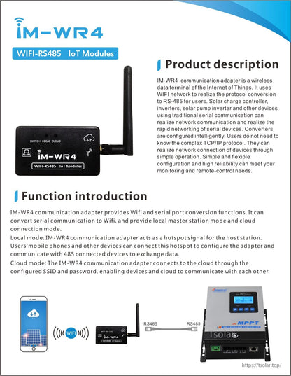 IM-WR4 WiFi-RS485 module product description sheet with RS485 connection diagram to phone and controller