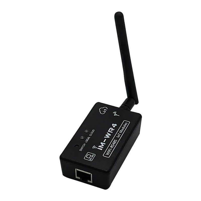 Angled view of IM-WR4 WiFi-RS485 IoT module showing RJ45 port end and antenna connection