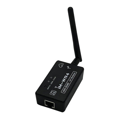 Angled view of IM-WR4 WiFi-RS485 IoT module showing RJ45 port end and antenna connection