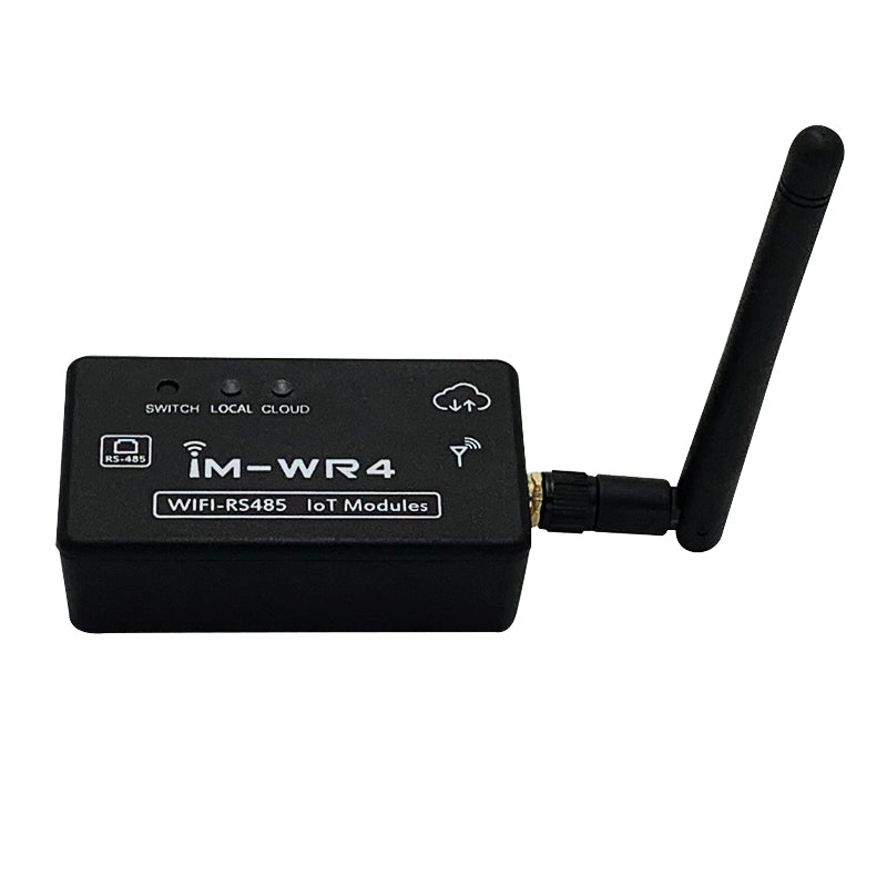 IM-WR4 RS485 WiFi box with external antenna, top label showing switch local and cloud modes