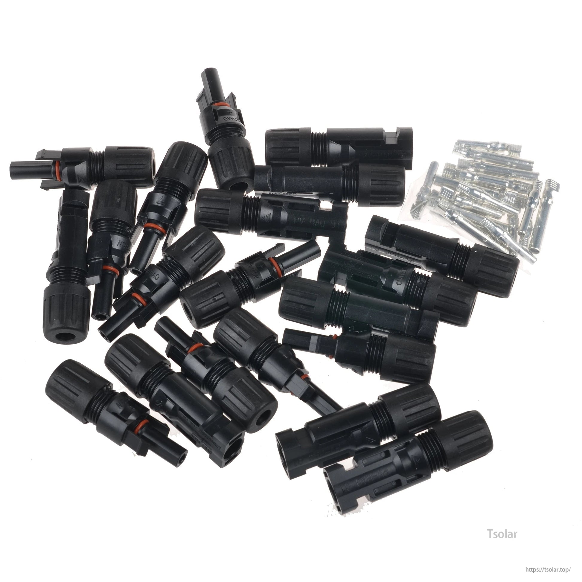 Assorted black IP65 solar panel connectors with orange seals and a set of metal crimp terminals