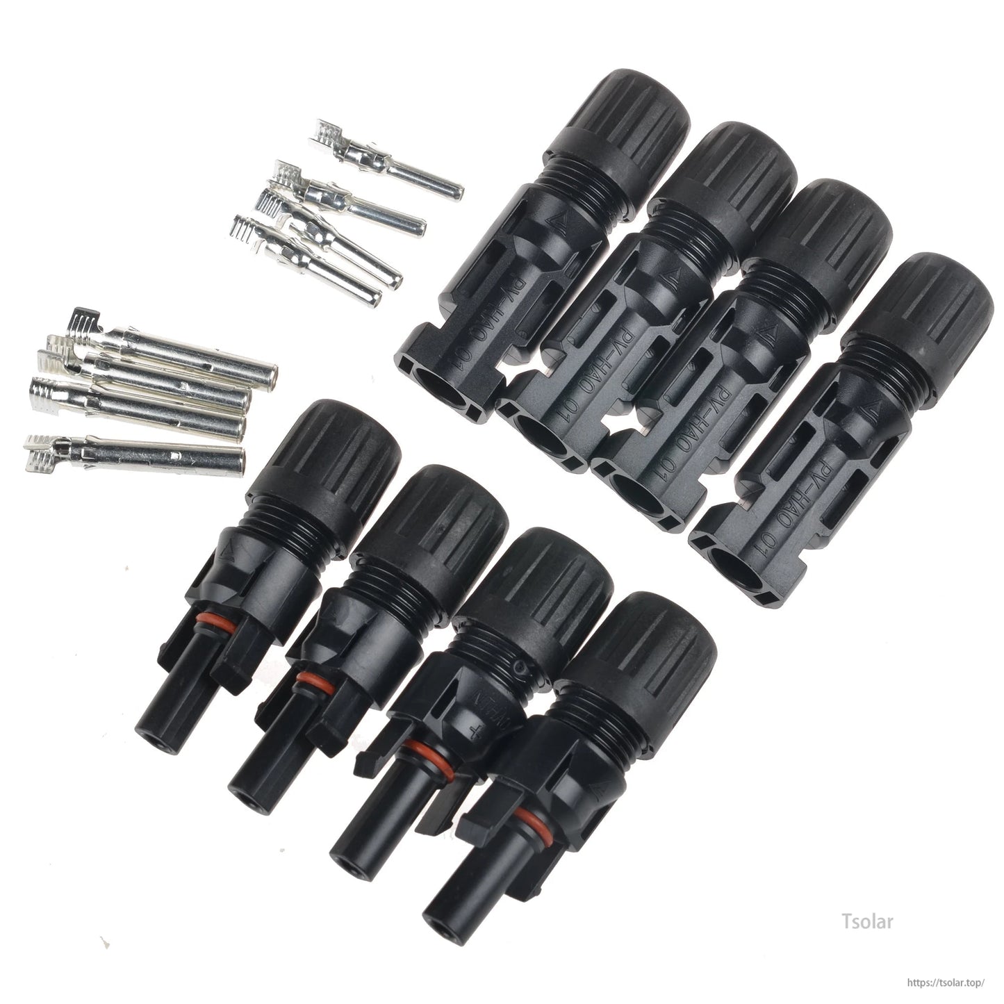 IP65 solar panel connector set with black male and female plug housings and metal crimp terminals