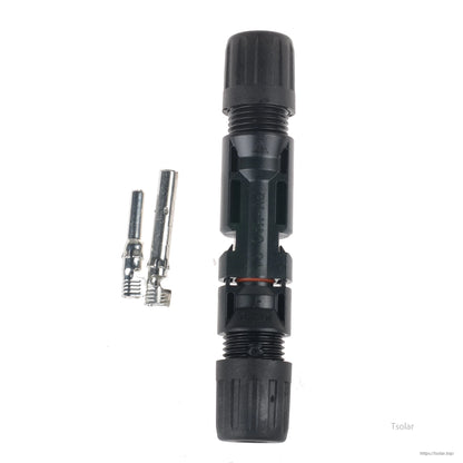 IP65 solar panel connector with black inline housing, two end caps, and two metal crimp pins