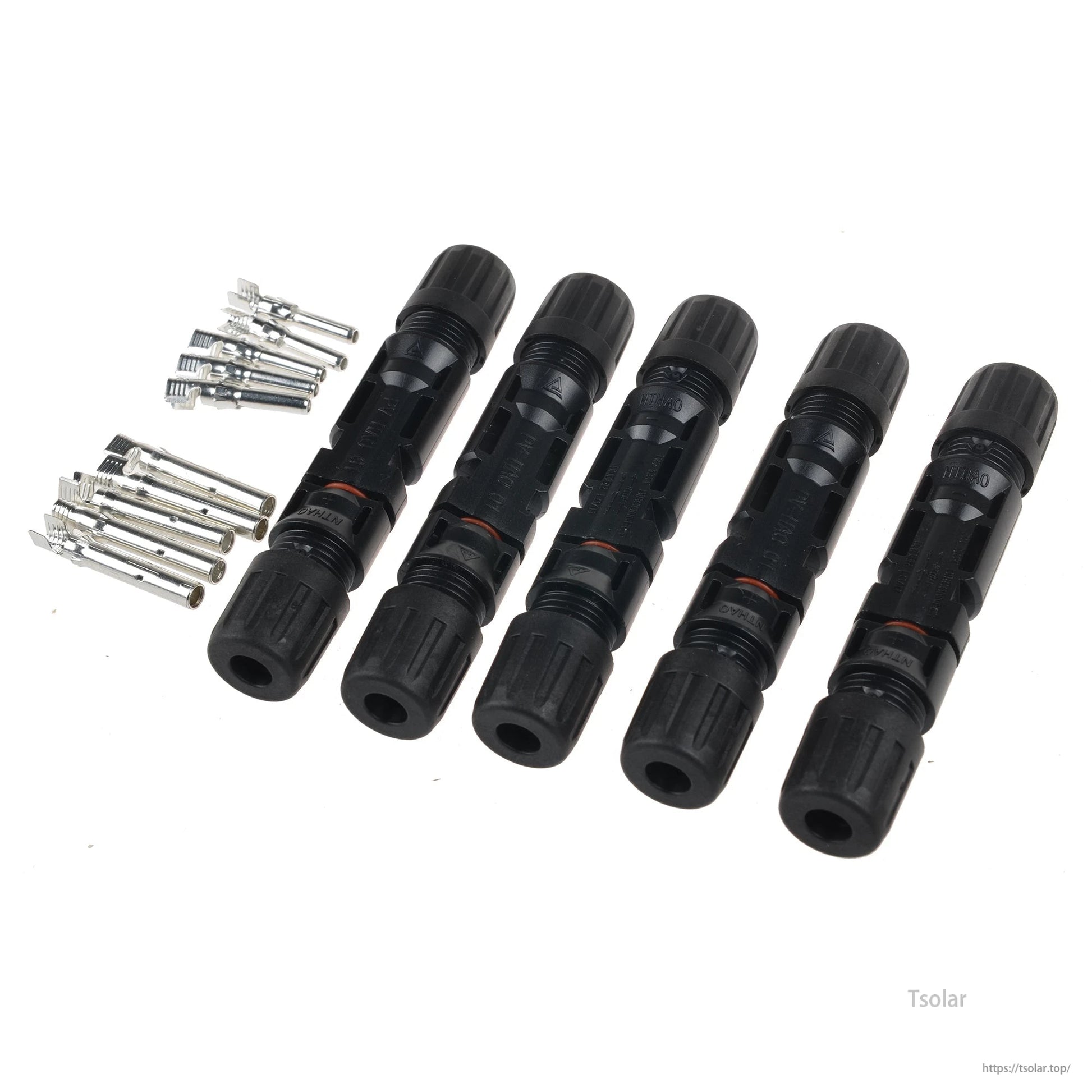 IP65 Solar Panel Connector, Set of black IP65 solar panel cable connectors with sealing rings and included metal crimp pins