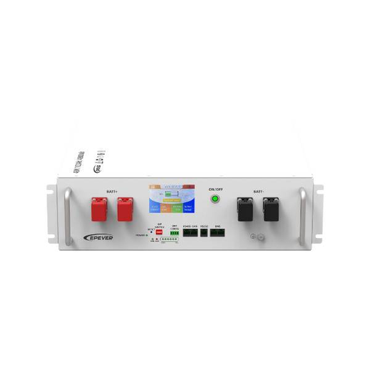 EPEVER 48V 100Ah LiFePO4 Battery, Front panel of EPEVER 48V 100Ah LiFePO4 rack battery with terminals, on/off button, display and status LEDs