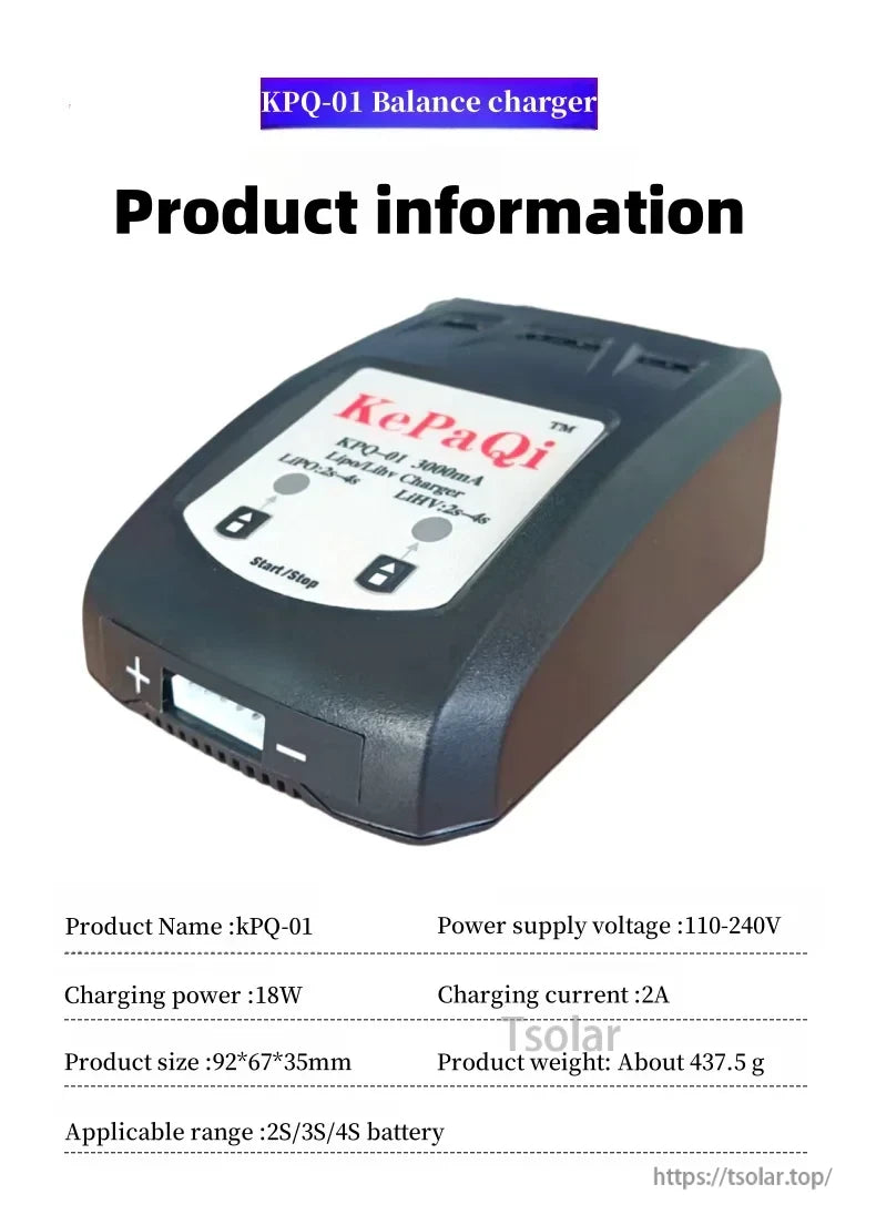 Imax B3 Pro 2S–3S LiPo Battery, KePaQi KPQ-01 18W balance charger supports 2S/3S/4S LiPo/LiHV, 2A current, 110-240V input, display screen, start/stop button. Size: 92×67×35mm, weight: 437.5g.
