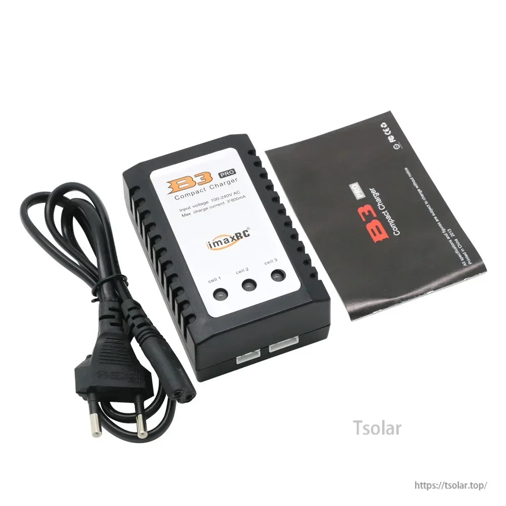 Imax B3 Pro 2S–3S LiPo Battery, IMAX B3 Pro compact charger, 100-240V AC, 3x800mA output, cell indicators, includes power cable and manual.