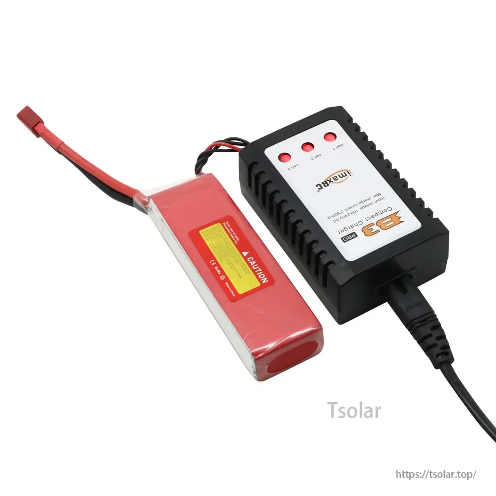 Imax B3 Pro 2S–3S LiPo Battery, Compact IMAX B3 Pro charger for 2S-3S LiPo batteries, includes three LED indicators and a caution label for safe charging.