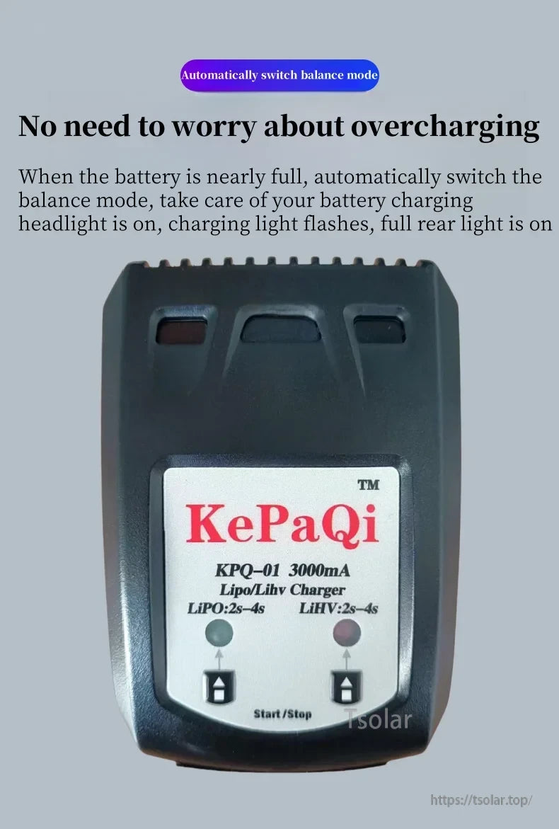 Imax B3 Pro 2S–3S LiPo Battery, KePaQi KPQ-01 charges 2s-4s LiPo/LiHV batteries up to 3000mA, auto-balances near full, includes indicators and start/stop button, prevents overcharging.