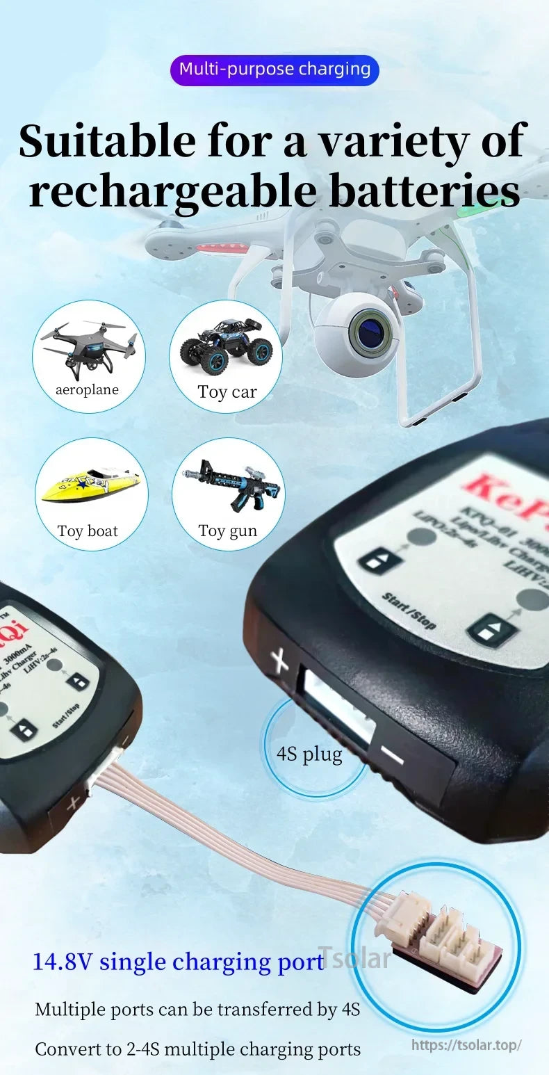 Imax B3 Pro 2S–3S LiPo Battery, 14.8V single-port charger converts to 2-4S, ideal for RC toys like cars, boats, guns, and planes; compact, versatile, and rechargeable.