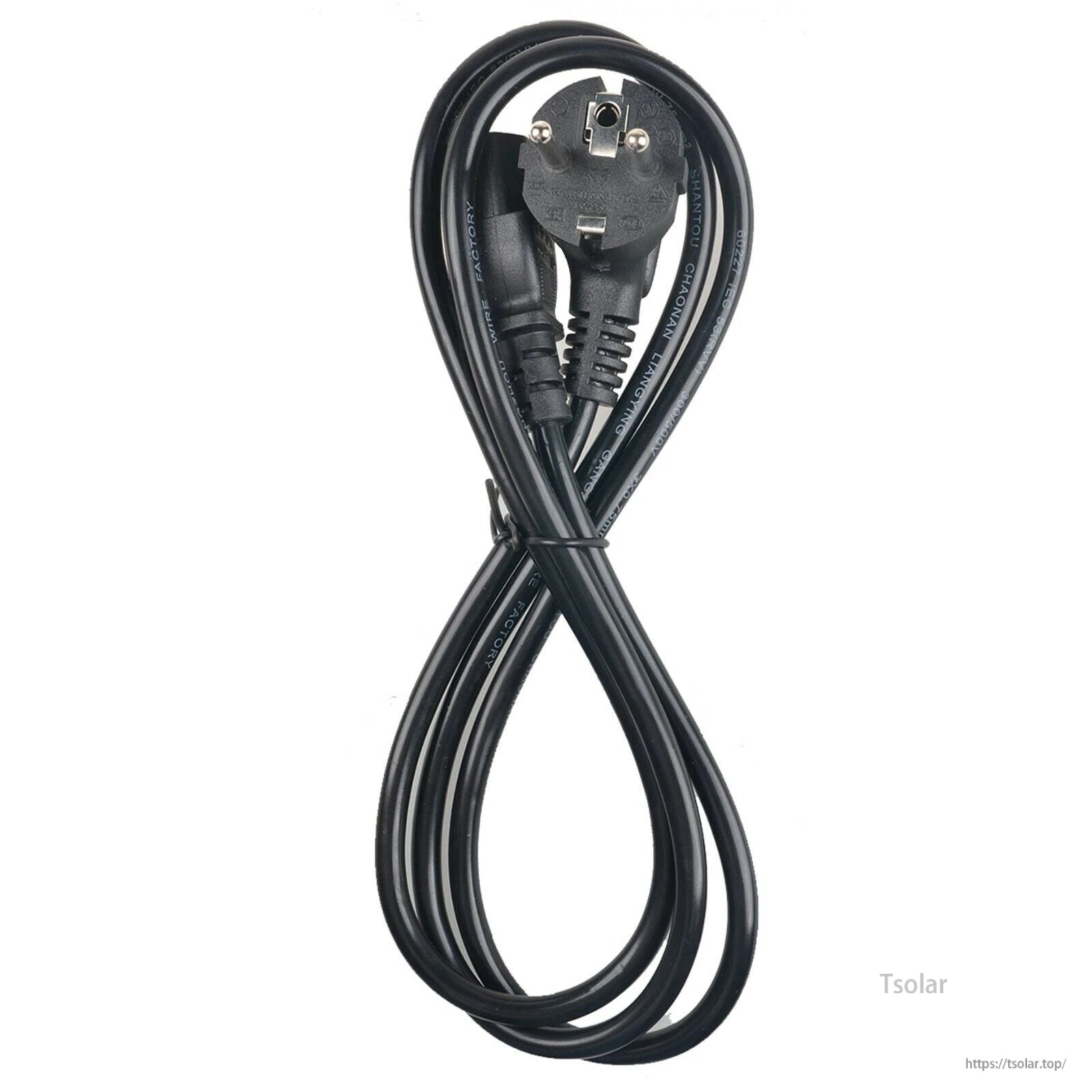Inverter AC Cable, Black inverter AC power cable with EU Schuko plug and matching connector end, coiled for installation