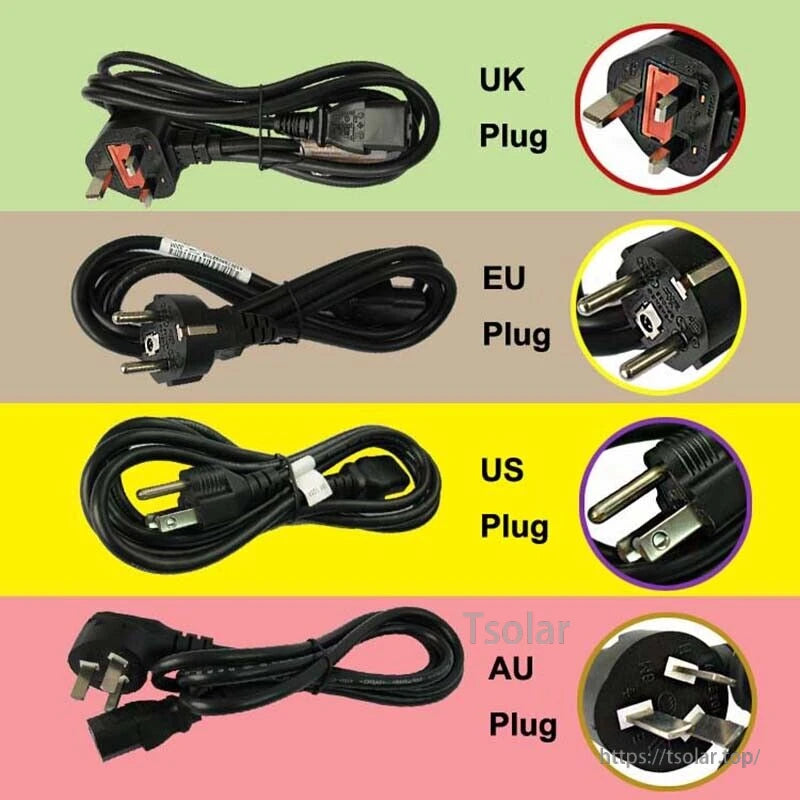 Inverter AC Cable, 1.5m inverter AC power cable options with UK, EU, US, and AU wall plugs and matching appliance connector
