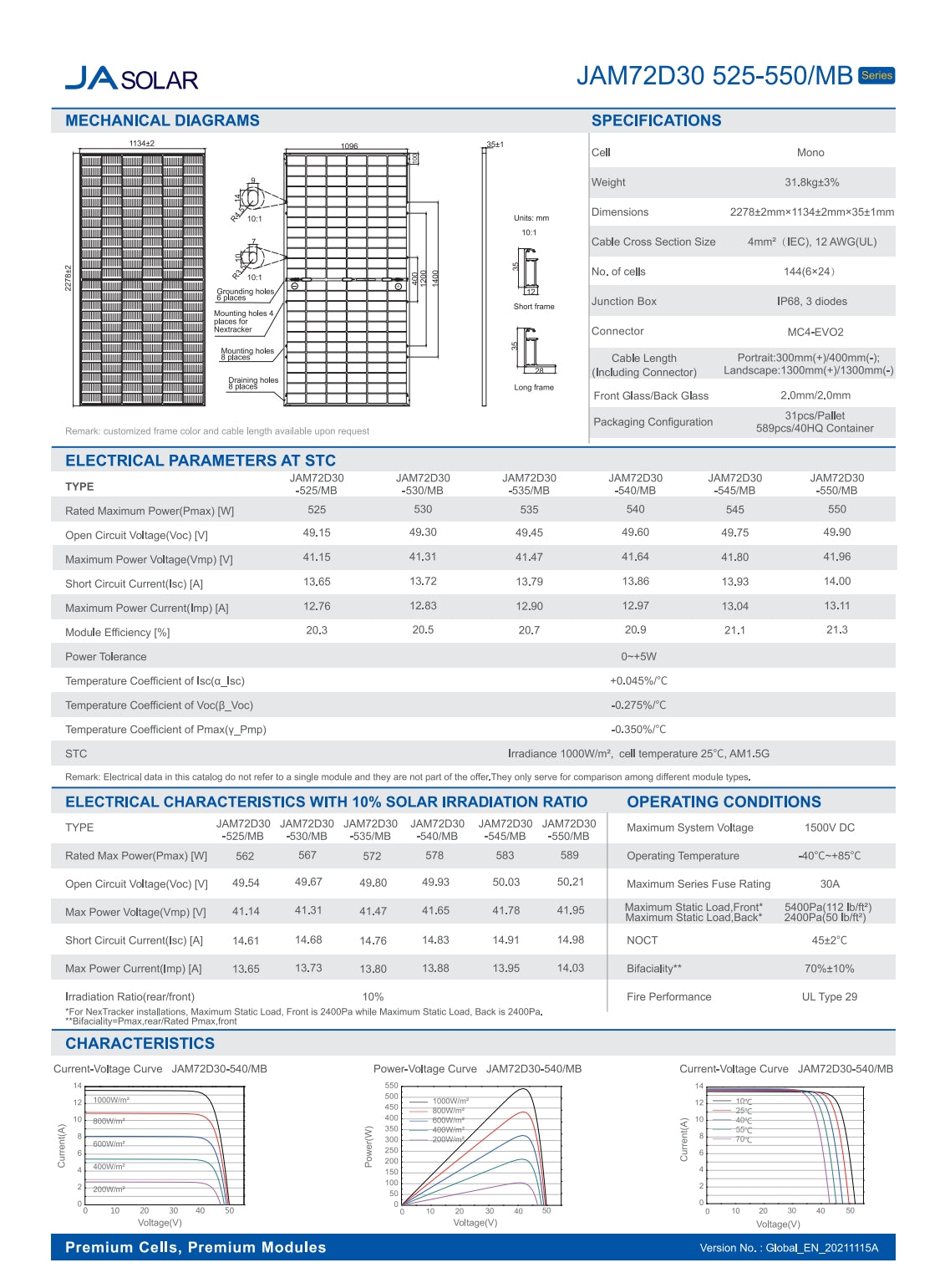 JA Solar 540W Solar Panel, Specifications for JASOLAR JAM72D3O solar panel, including dimensions, weight, and electrical characteristics.