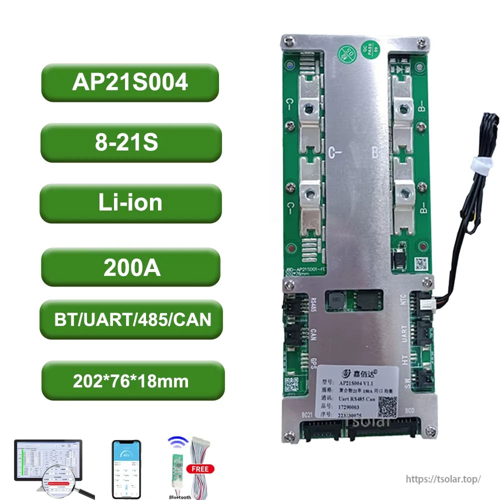 AP21S004 8–21S Li-ion 200A Smart BMS spec graphic with BT/UART/485/CAN and size 202×76×18mm