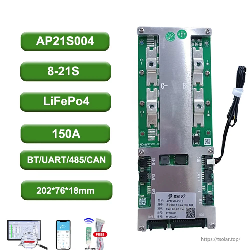 AP21S004 8–21S LiFePO4 150A Smart BMS spec graphic with BT/UART/485/CAN and size 202×76×18mm