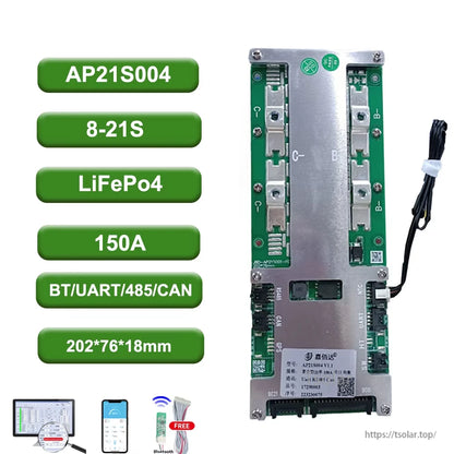 AP21S004 8–21S LiFePO4 150A Smart BMS spec graphic with BT/UART/485/CAN and size 202×76×18mm