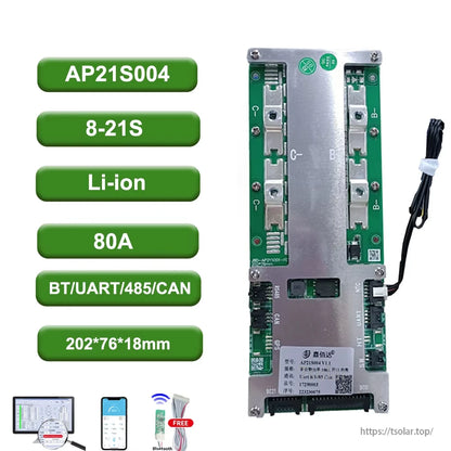AP21S004 8–21S Li-ion 80A Smart BMS spec graphic with BT/UART/485/CAN and size 202×76×18mm
