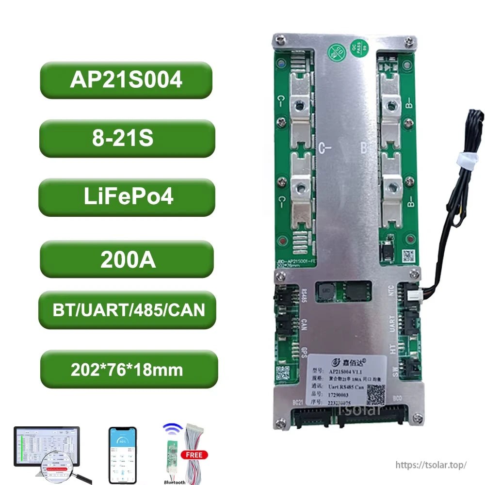 AP21S004 8–21S LiFePO4 200A Smart BMS spec graphic with BT/UART/485/CAN and size 202×76×18mm