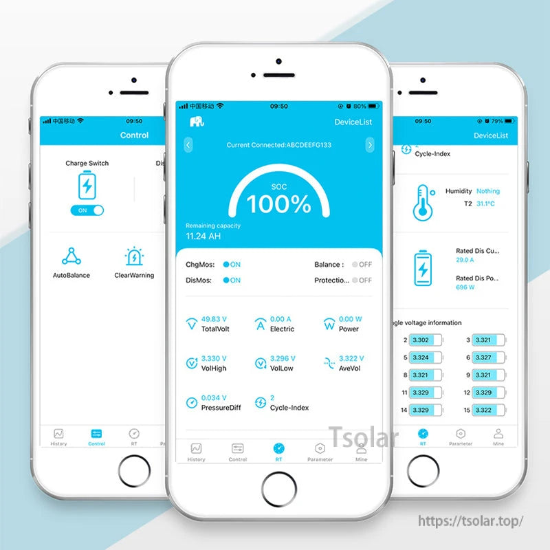 Mobile app interface screens for Smart BMS showing SOC 100%, cell voltages, and settings menus