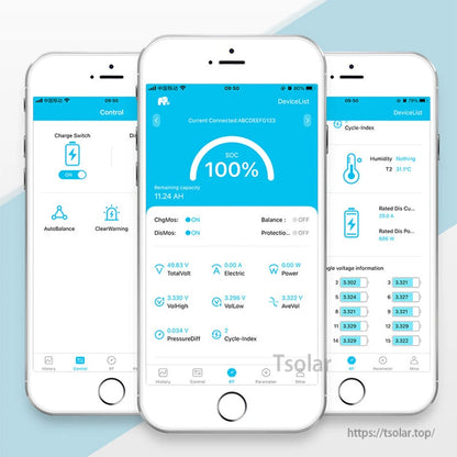 Mobile app interface screens for Smart BMS showing SOC 100%, cell voltages, and settings menus