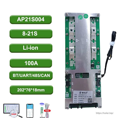 AP21S004 8–21S Li-ion 100A Smart BMS spec graphic with BT/UART/485/CAN and size 202×76×18mm