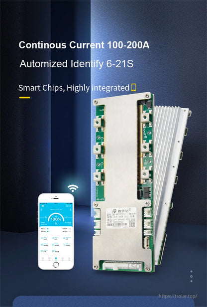 JBD AP21S004 Smart BMS shown with heatsink and phone app, text: continuous current 100–200A