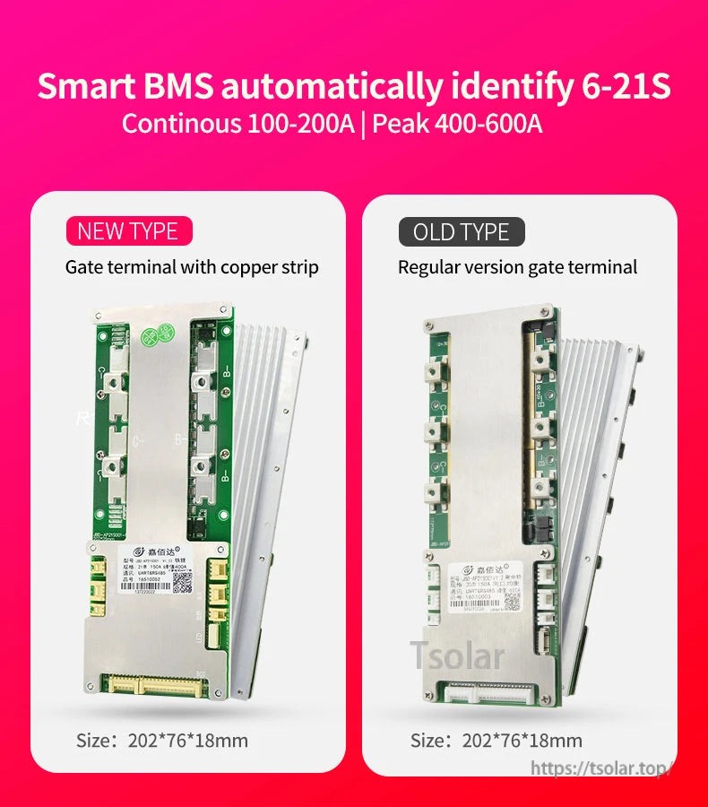 Comparison graphic: new vs old Smart BMS gate terminal, auto identify 6–21S, 100–200A text