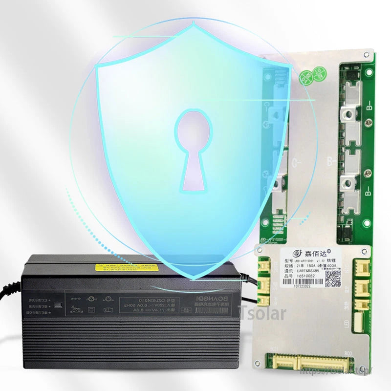 Battery charger beside BMS board with shield icon graphic indicating protection feature